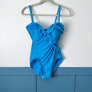 Miraclesuit Flamenco Ruffle One Piece Swimsuit SZ 10 Turquoise Slimming